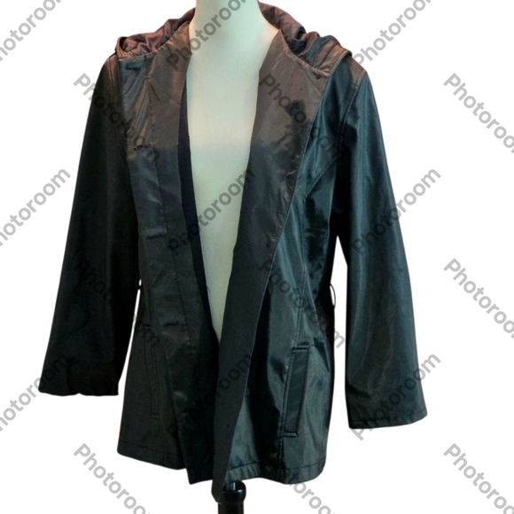 Outbrook Women Large (12/14) Sleek Black Rain Jacket Hidden Buttons with FLAW - Picture 2 of 14